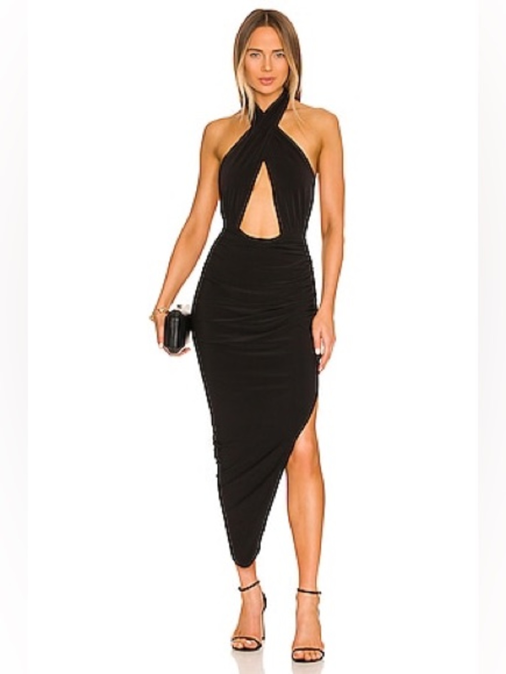 Norma Kamali Cross Halter Side Drape Black Gown Dress Size M NWT